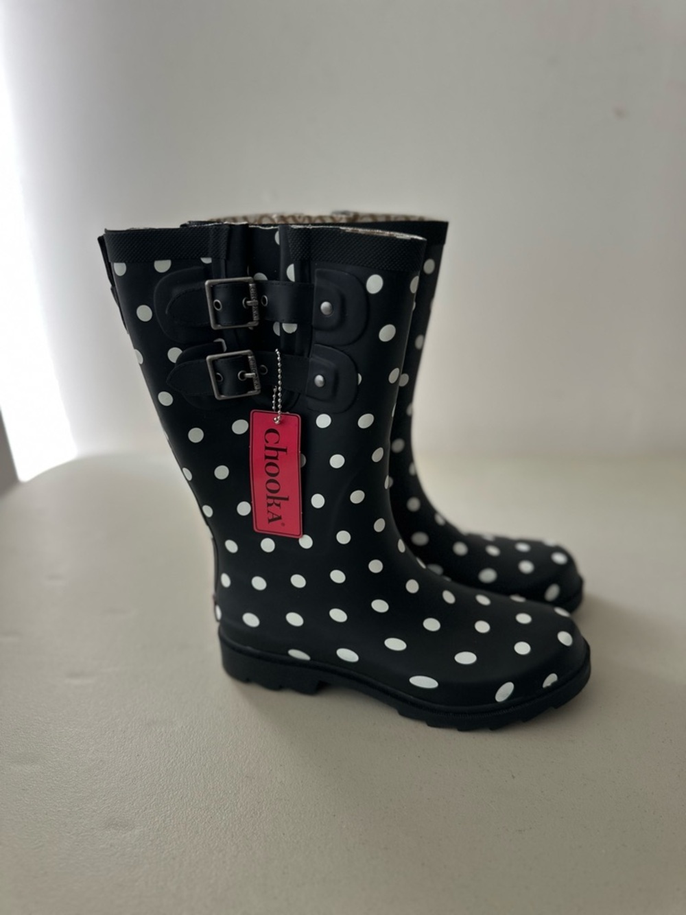 NEW Chooka Polka Dot Tall Rain Boots Size 7 Black White